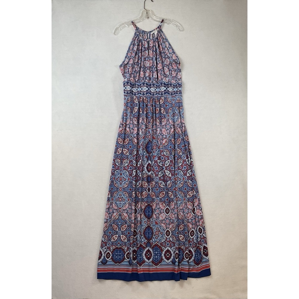 London Times Dress Womens 12 Blue Red Maxi Halter Knit Keyhole
